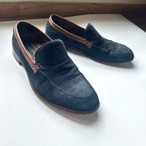 Men's Classic Elegant Navy Suede Loafers with Leather Brown Trim